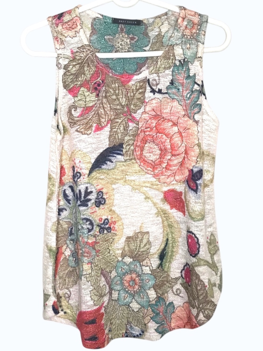 Suzy Shier Boho Floral Textured Tank Flowy Sleeveless Top S/M